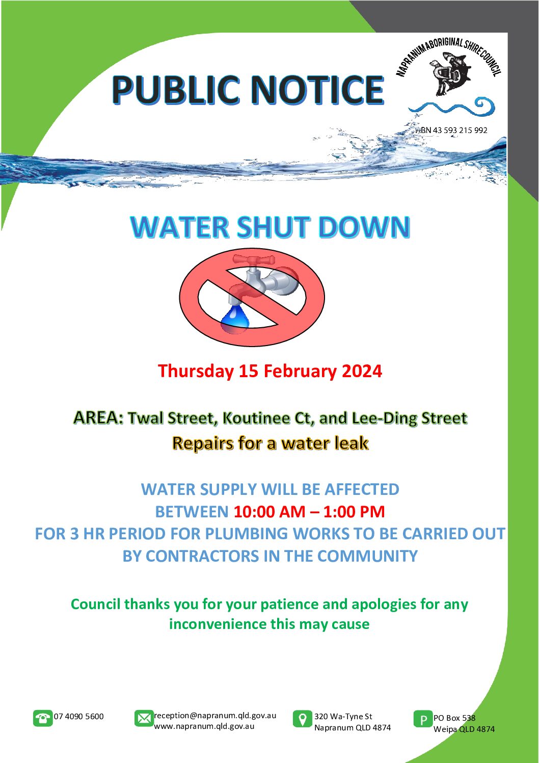 Public Notice – Water Shut Down – Napranum Community