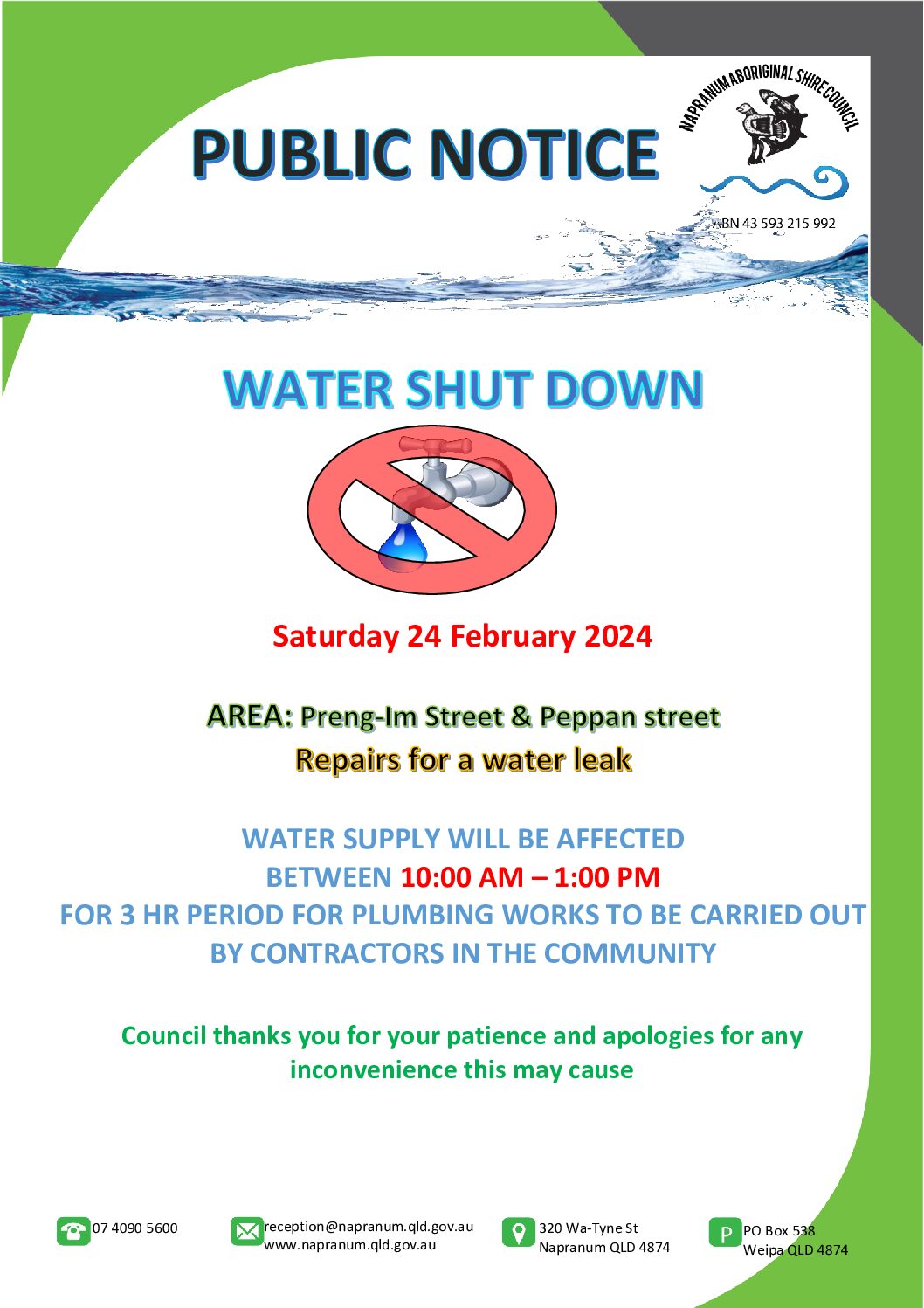 Public Notice – Water Shut Down Napranum Community