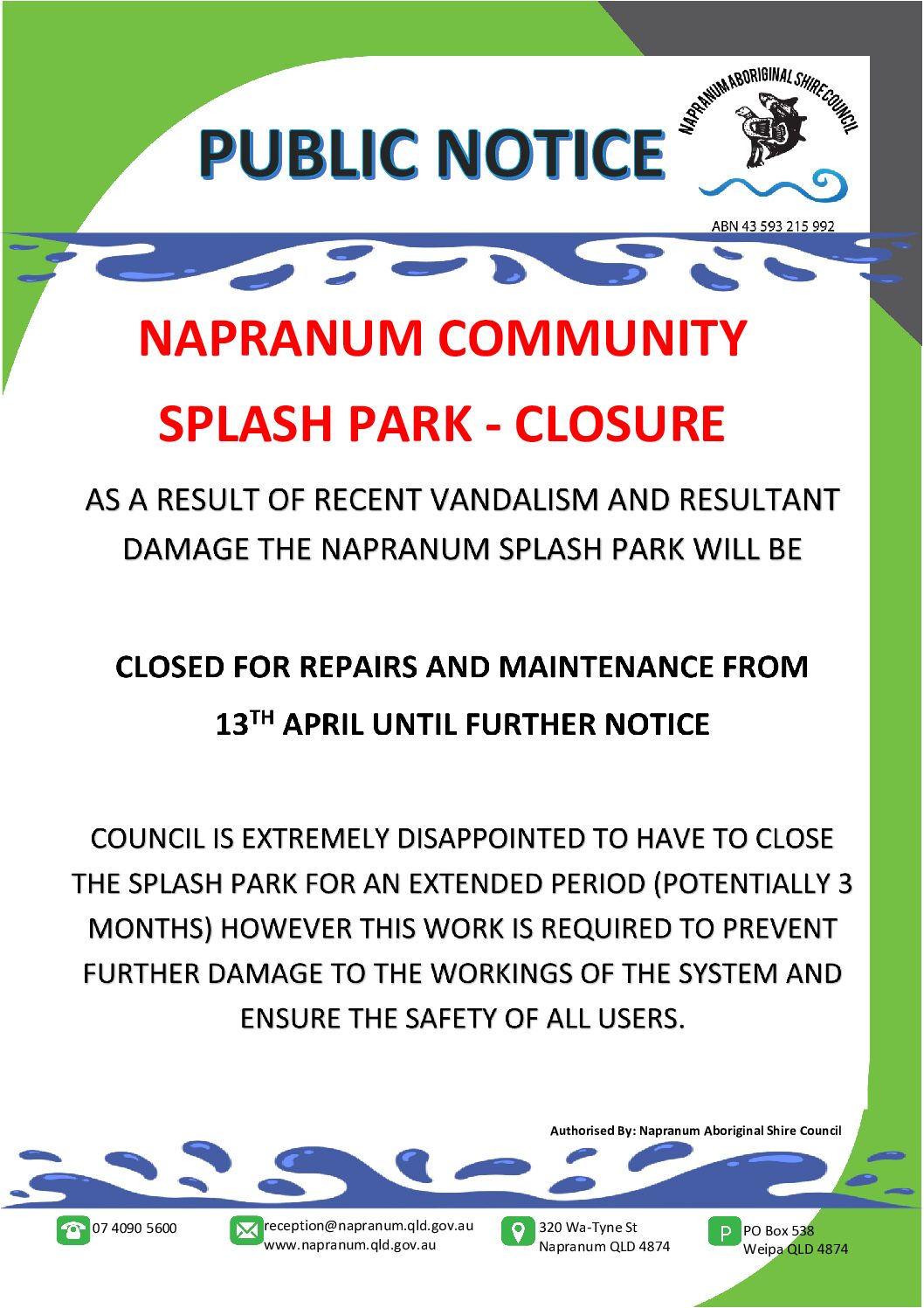 Public Notice – Closure of Splash Park – Napranum